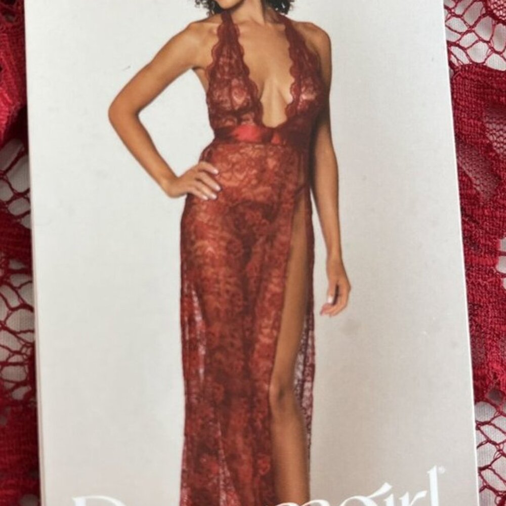 NEW Dreamgirl Lace Halter Lingerie Gown Garnet High Slit Small Style 10460